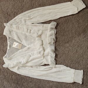 Pleated Off White See Through Dressy Blouse